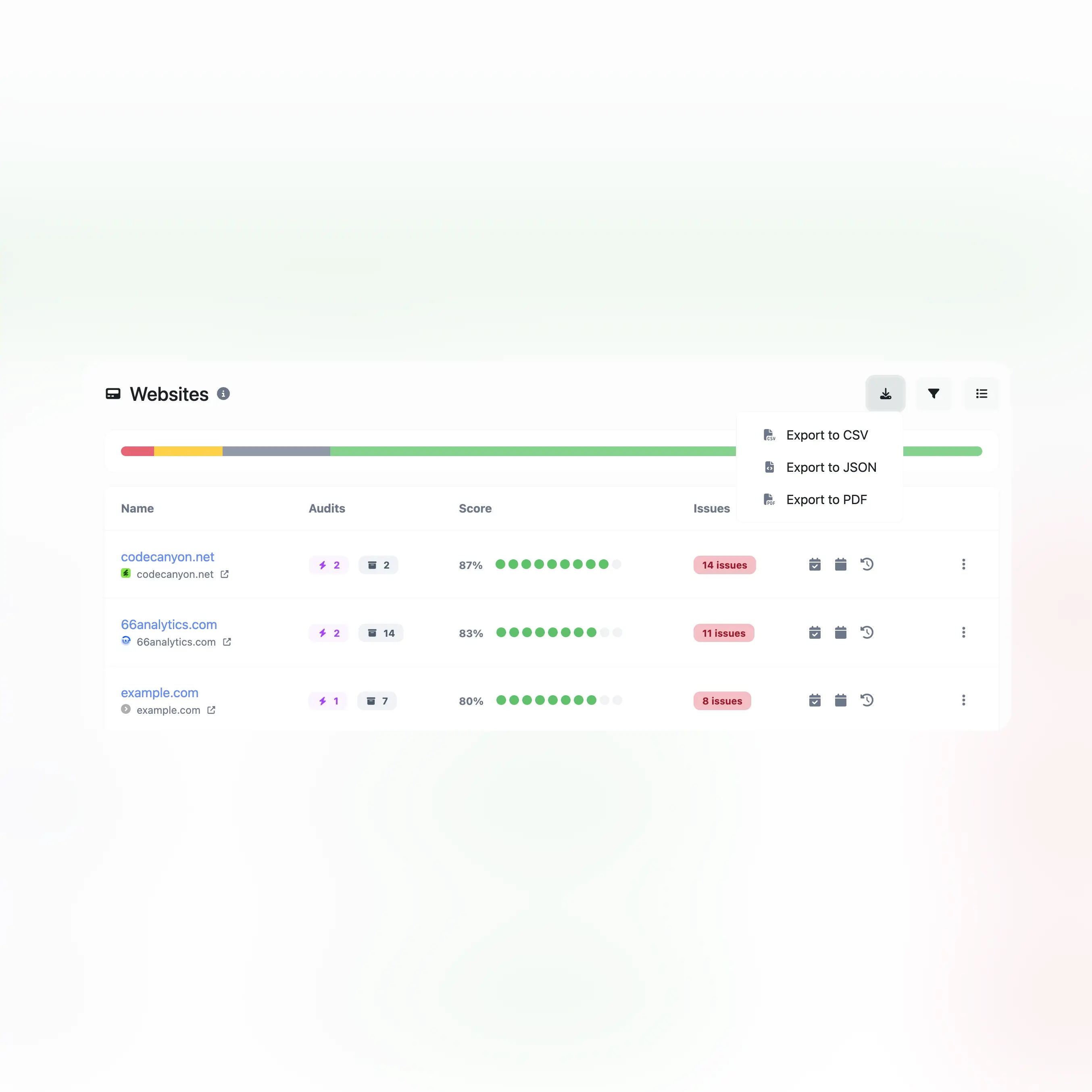 Screenshot der App CSV, PDF, CSV-Exportfunktionen